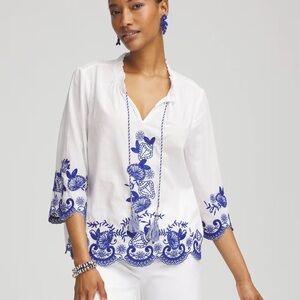 Chico's White Blouse with Blue Embroidery